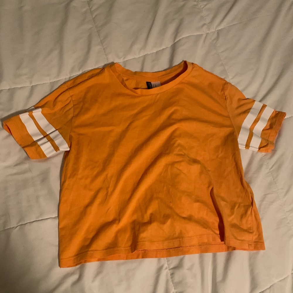 Golden yellow crop tee with white stripe sleeves